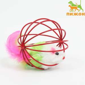 Игрушка для кошек Мышь в шаре с перьями 6см красный шар Пижон
