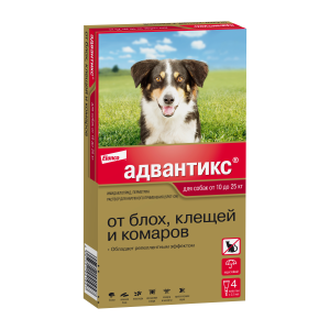 Адвантикс 250 для собак 10-25кг, 1 пипетка*4 (от блох, клещей и комаров)  для собак