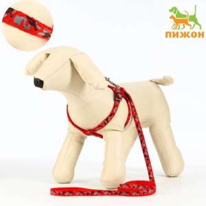 Комплект для собак Шлейка 23-35см*1см + Поводок 120см*1см Милитари красный Пижон