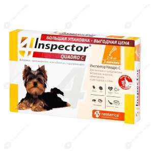 Инспектор Quadro на холку для собак до 4кг (в уп. 3пип.) с 7 недель от блох, клещей, нематод, дироф.