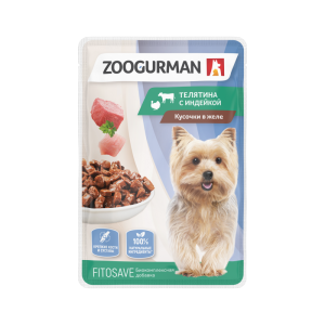 Зоогурман пауч корм для собак Кусочки в желе Телятина с индейкой 85гр*30