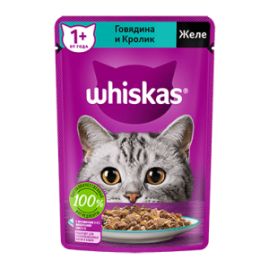 Вискас/Whiskas 75гр корм для кошек желе говядина/кролик для кошек