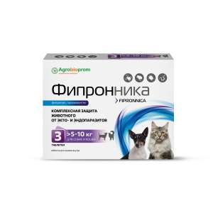 Фипронника для собак и кошек 5-10 кг от клещей и блох 3таб (фипронил, празиквантел)