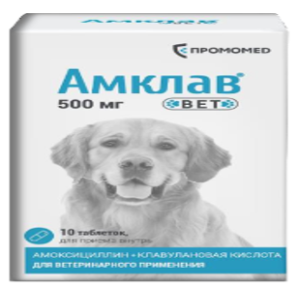 Амклав Вет таб 500мг №10 банка (амоксициллин,клавулановая кислота)