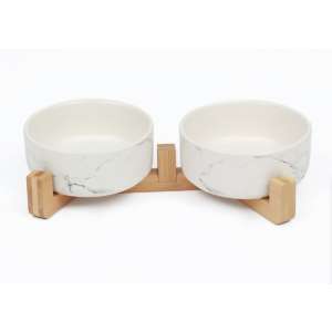 Миски керамические двойные на подставке 2×450 мл, мрамор,для кошек и собак