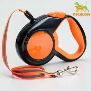 Рулетка для собак трос 5м до 25кг светоотражающая прорезиненная ручка оранжевая Пижон 