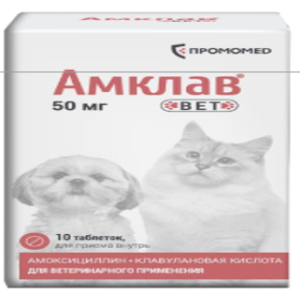 Амклав Вет таб 50мг №10 банка (амоксициллин,клавулановая кислота)
