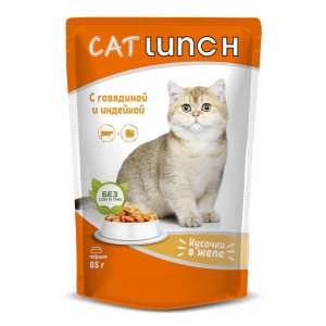 КэтЛанч/Cat Lunch пауч корм для кошек Кусочки в желе Говядина и Индейка 85г*24