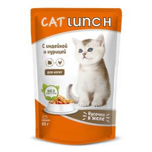 КэтЛанч/Cat Lunch пауч корм для котят Кусочки в желе Индейка и Курица 85г*24