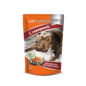 КэтЛанч/Cat Lunch пауч корм для кошек Кусочки в желе Говядина 85г*24