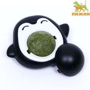 Игрушка для кошек Шарик лизунец крутящийся кошачья мята на основании Пингвин 6см черный Пижон