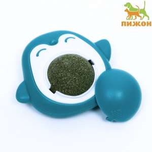 Игрушка для кошек Шарик лизунец крутящийся кошачья мята на основании Пингвин 6см бирюзовый Пижон