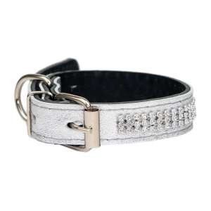 Ошейник для собак кожаный со стразами Серебро 20мм*23-33см простроченный 2х-слойный