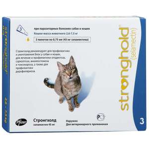 Стронгхолд для кошек 2,6-7,5кг, 45 мг,1 пипетка 0,75мл (3 шт в уп) от блох, сарк. демод, дироф.