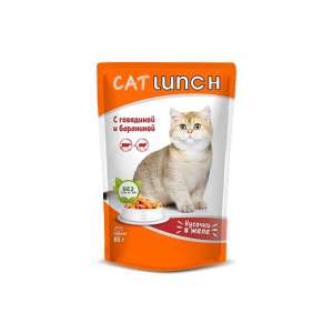 КэтЛанч/Cat Lunch пауч корм для кошек Кусочки в желе Говядина и Баранина 85г*24