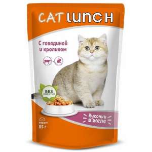 КэтЛанч/Cat Lunch пауч корм для кошек Кусочки в желе Говядина и Кролик 85г*24