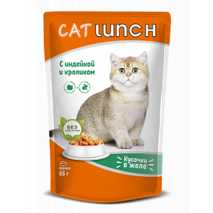 КэтЛанч/Cat Lunch пауч корм для кошек Кусочки в желе Индейка и Кролик 85г*24
