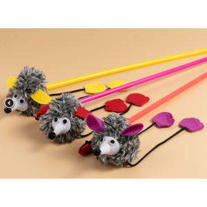 Игрушка для кошек дразнилка Ёжик 8х6см меховой с длинными лапками на палочке l=48см, микс