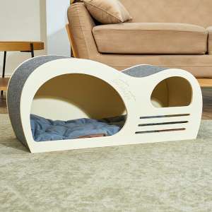 Когтеточка Дом Волна ковролин встроенная миска бежевый 765*350*315мм Котомото