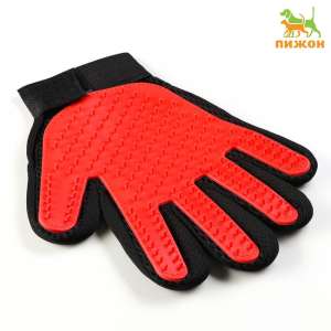 Рукавица-щетка для шерсти на правую руку из неопрена с удлиненными зубчиками красная Пижон