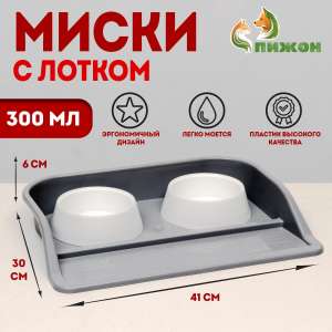 Миски с лотком «Феликс», 300 мл, 41×30×6 см, пластик, серый лоток, белые миски