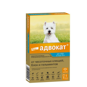 Адвокат для собак 4-10кг, 1 пип. (в уп. 1 пип.) от демод,саркопт.клещей, блох, вшей, немат,дироф для собак